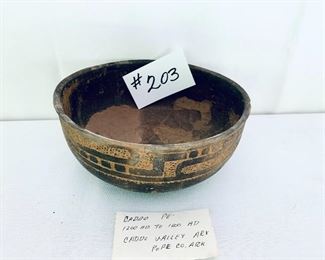 CADDO PERIOD (1200 AD - 1600 AD)
Ancient artifact bowl found in Arkansas. Professionally repaired.  3.5w 8T $250 