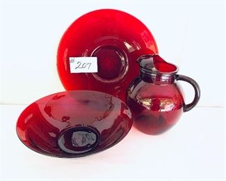 Lot of ruby glass pieces. Bowl 11w.  Plate 13w. Pitcher 9t.    $48