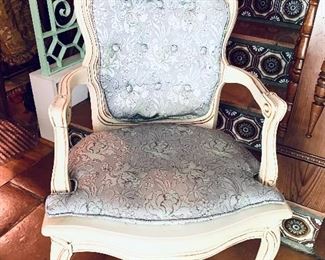 FRENCH ARMCHAIR. CANED SEAT. SILk FABRIC CUSHIONS. GREAT CONDITION. 
24”w. 37.5t 18 seat height. $125 FIRM