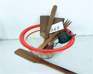 Vintage bowl and kitchen utensils. 
Bowl 10”w   $32
