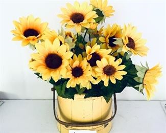 Vintage wooden Bucket of sunflowers.  Bucket 7” t.  $35