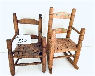Split oak seat vintage doll chairs and rocker 11-12”t.  $89 pair. 