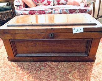 Heart pine. Trunk. Late 1700s-early 1800s metal handles. Could have been carpenters box or ship cargo trunk. 37.5w 18.5D 16.5t. $800