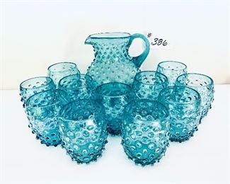 # 386 B- Ritz blue American blown hobnail imperial glass set  1950s  $58 FIRM
11 glasses one pitcher 8”t glasses 4 “t  
