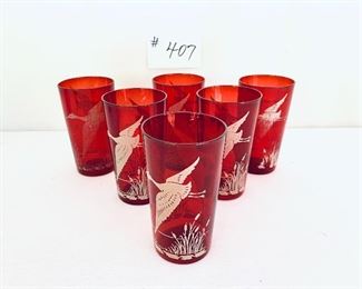 Mary Gregory tumblers 
six red glasses 4.5 inches tall  set $65
( a little wear) 