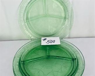 Four divided green Vaseline uranium  glass plates 10.5 inches wide
Set $38