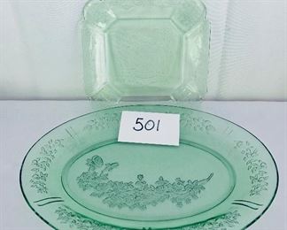 Pair of Vaseline uranium glass pieces. 
Platter 12.5 “ L.    $32