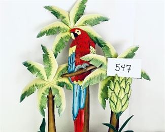 Palm tree parrot tin.  See photo for damage 15 wide 19 tall $20
