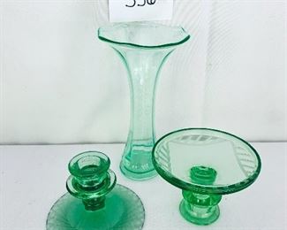 Lot of Vaseline uranium glass camel holders and bud vase. 3-8 “T   $35