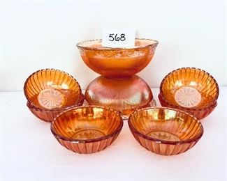 Orange carnival glass 4 to 7 inches wide eight pieces
 lot price $80