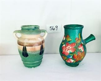 A- pottery urn /jar. 8”t   $25
B- ceramic urn with spout. 8”t $24