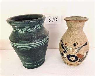 A- green pottery. 9”t. $20
 B- brown bird pot 8” t $40
