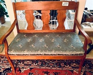 Vintage bench with silk cushion from the Dutch Fork area 
43 wide 37 tall 20 deep 18.5 seat height $245 FIRM 
