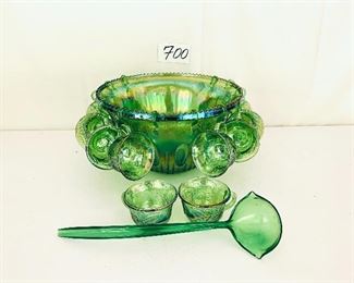 Vintage green glass punch bowl and 12 cups plastic ladle. 1960s reproduction. 
$180