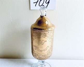 Glass and gold 50 year anniversary  jar 8.5 inches tall $42