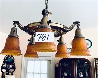 Victorian brass pan 5 light fixture. Amber glass globes. 21w 34L.  $450
Glass shades are reproduction 