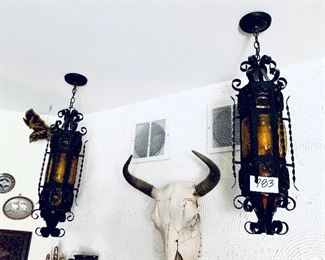 VINTAGE  SPANISH IRON LIGHTS. Purchased in Spain 1950s. 
8w 35t pair $1500FIRM 