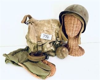 WW2 helmet,  gloves, belt, backpack and ball lot $195