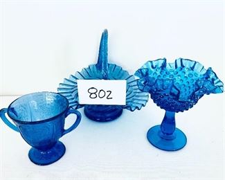 Three pieces of blue glassware 4 to 8 inches $49  Fenton and depression glass