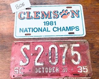 A-Clemson license plate-SOLD 
B- 1935 license plate $45
