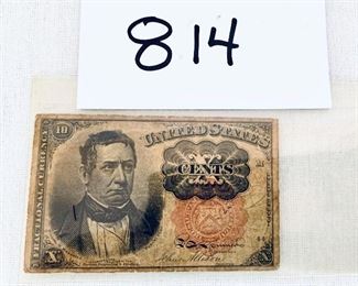 US 10 cent bill. 3” w. 2”t. Good condition. 
“act of June 30th 1864”.   $50
