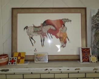 Framed horse print, New Mexican tiles.