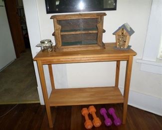 Occasional table, display case from sewing machine drawers, bee house, 5lb and 8lb weights.