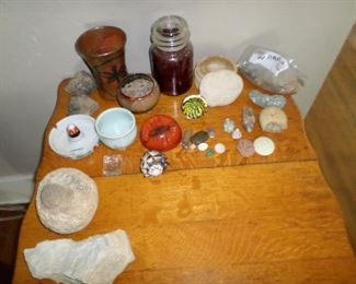 Shells, fossils and pottery.