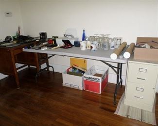 Wooden desk, refinished, from SW Bell office in Collinsville; glasses and cups; file cabinet; HP printer; office supplies.