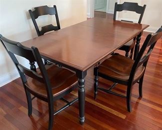 5- $295 Nichols and Stone Dining Table & 4 chairs, wood and black, 5'L with one leave (take 18" off when you remove it)- Very good condition