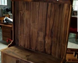vintage barn wood wall piece with coat hooks and under-bench storage