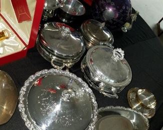 silver trays and serving pieces