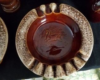 Vintage Hull Brown Drip stoneware dish set, ashtray