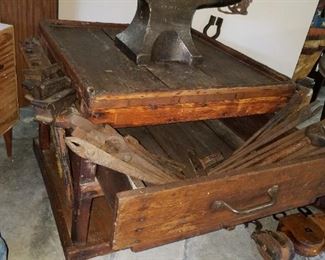 antique blacksmith work table, with tools and anvil by Hay Budden.  From former blacksmith shop in Jacksonville, MD.   NOTE: strongly prefer to sell as a set.  BUYER REMOVES.