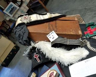 1820s militaria set, with its history, sold only as a set. Antique Knights Templar hat w/ ostrich feathers, sash w/ medals, belt w/ buckle, carrying case...