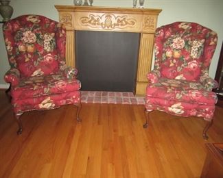 PAIR OF FLORAL WINGBACKS AND PORTABLE FIREPLACE