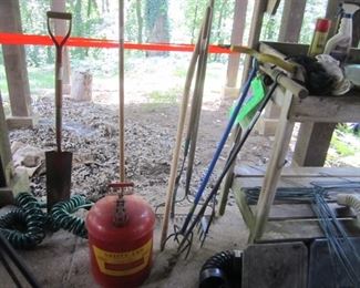 YARD TOOLS, GAS CAN, HOSE, POTTING TABLE