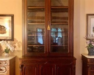 Renaissance Walnut Bookcase with Arched Glass Doors over Two Drawers. 9'9" Tall