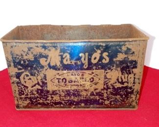 Lot Number:	77
Lead:	Antique Mayo's Tobacco Tin
Description:	8" by 6" by 3.75" top missing & graphics worn