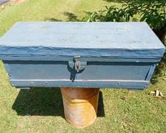 Lot Number:	107
Lead:	Vintage Blue Tool Box
Description:	wood with metal over top 3.5" by 13" by 13" tall