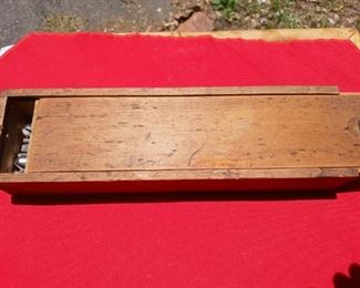 Lot Number:	118
Lead:	Vintage Wooden Box w/ Drill Bits
Description:	rectangular box w/ dovetailed corners; large assorted drill bits 10.5" by 3" by 2"
