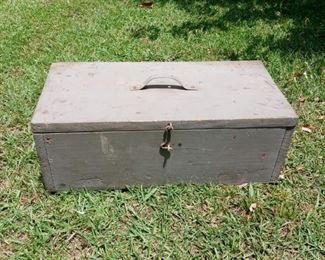 Lot Number:	121
Lead:	Vintage Large Gray Wooden Tool Box
Description:	has wooden tray inserts; 34" long by 11" by 9" one chip on lid