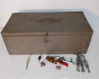 Lot Number:	160
Lead:	Gray Wooden Tool Box w/ Contents
Description:	solid top; 18" long by 16.5" by 9"