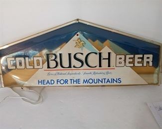 Lot Number:	162
Lead:	Vintage Busch Beer Electric Sign
Description:	" Head for the Mountains" has mechanism but does not light up; plastic is broken on bottom right corner and 1 break at center back No. 223-220; 37" long by 15" tall