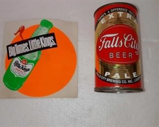 Lot Number:	163
Lead:	Vintage Falls City Beer Can & Little Kings Decal
Description:	- Falls City 12 oz can - Big Times, Little Kings
