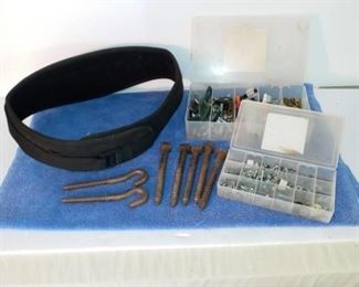 Lot Number:	176
Lead:	Back Brace/ Screws & Bolts Lot
Description:	back brace by Athletic Works 2 plastic containers of screws & misc 5 large bolts and 2 large hooks