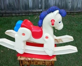 Lot Number:	190
Lead:	Vintage Rocking Horse
Description:	hard plastic; cloth mane 29" long by 18" tall by 12" wide