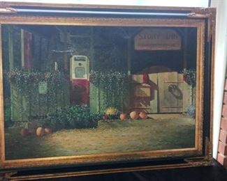 Lot Number:	206
Lead:	Oil on Canvas by Sandburg
Description:	country store w/ old gas pump; fancy frame 43" long by 31"