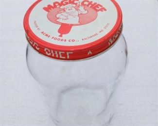 Lot Number:	235
Lead:	Vintage Magic Chef Gallon Jar
Description:	glass jar; tin cover Acme Foods Co. "Ready To Eat"

