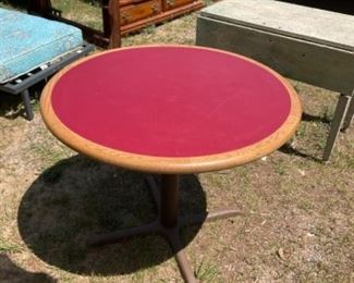 36” round wood table with metal pedestal base